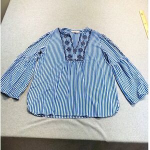 Loft Blouse Womens Medium Blue Striped‎ Embroidered Bell Sleeve Boho Tunic Flowy